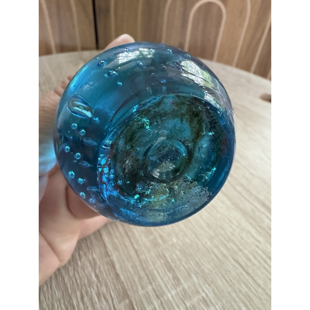 10" Art Glass Bud Vase Aqua Bubble Base Sommerso Style Hand Blown Mid Century - Picture 3 of 4